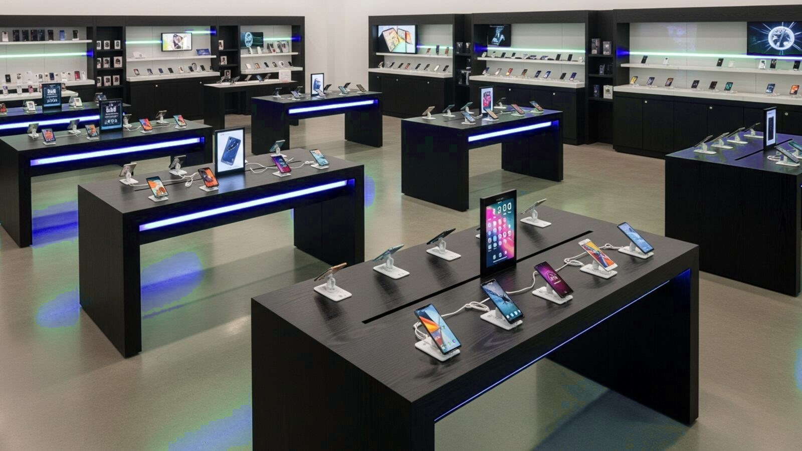 Tienda de teléfonos celulares con equipos en exhibición