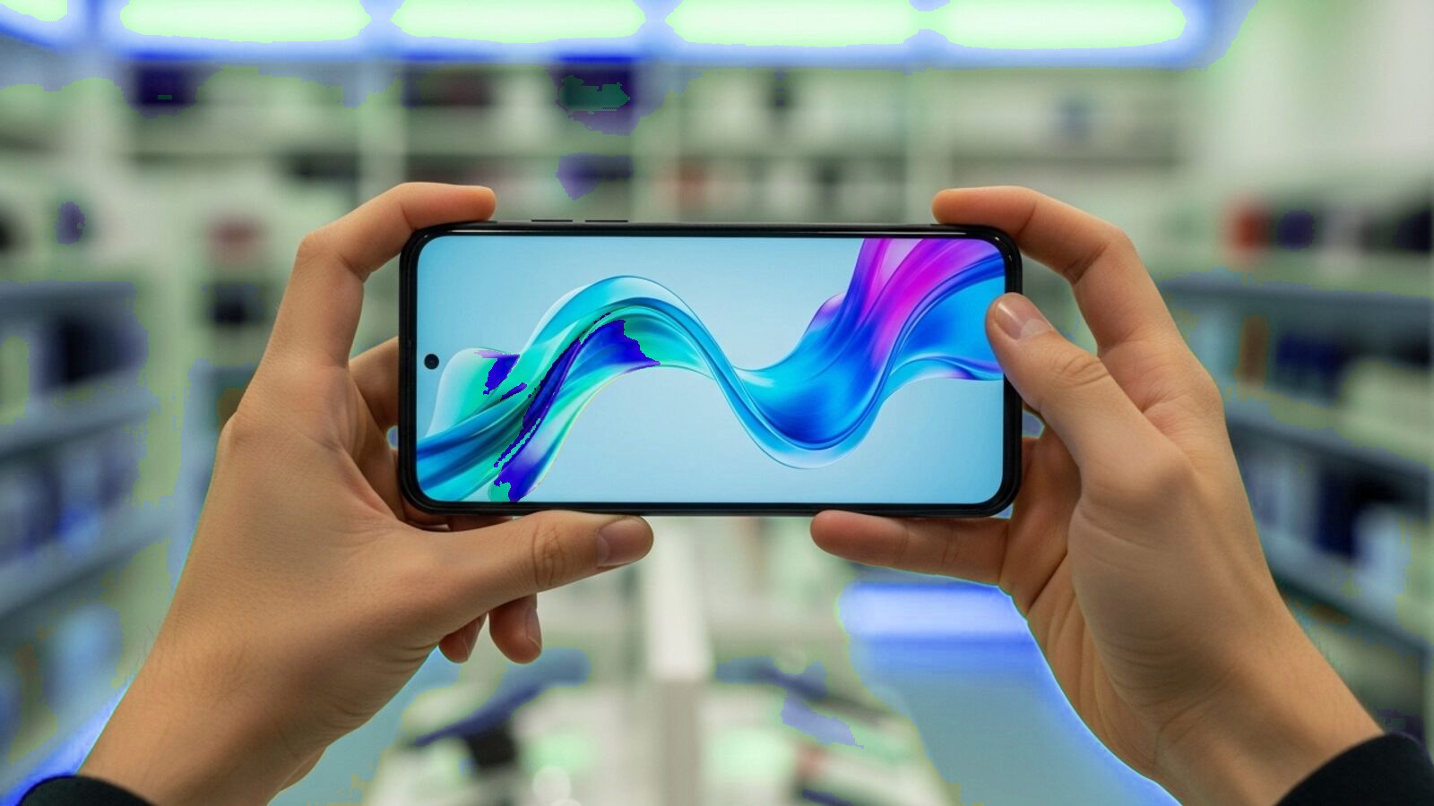 Cliente revisando un teléfono celular nuevo en la tienda